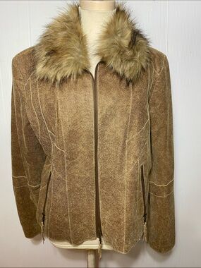 Women's 100% Leather Jacket with Faux Fur Collar Zip Jacket - Brown